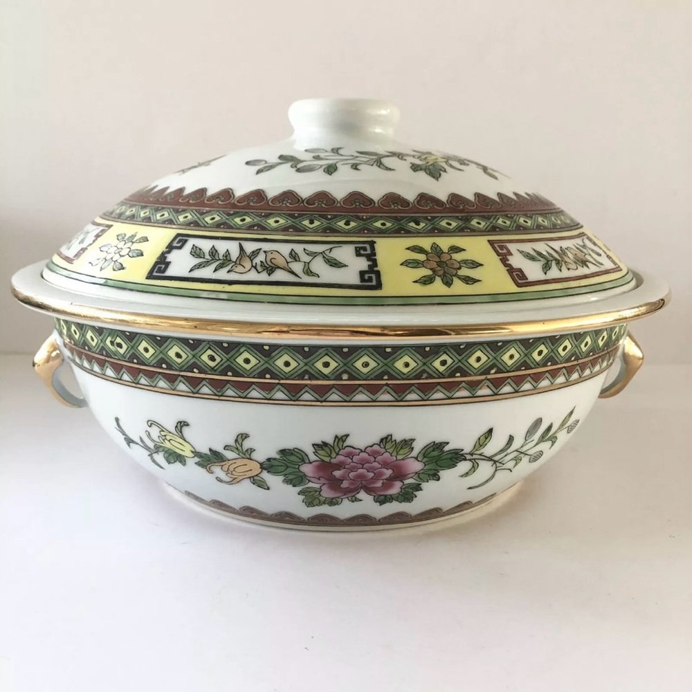 Vtg Chinese Jingdezhen Floral Famille Porcelain Large Serving Bowl Lid c1964